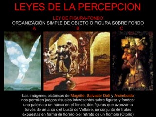 LEYES DE LA PERCEPCION LEY DE FIGURA-FONDO ORGANIZACIÓN SIMPLE DE OBJETO O FIGURA SOBRE FONDO A  B  C Las imágenes pictóricas de  Magritte ,  Salvador Dalí  y  Arcimboldo nos permiten juegos visuales interesantes sobre figuras y fondos: una paloma o un hueco en el lienzo, dos figuras que avanzan a través de un arco o el busto de Voltaire, un conjunto de frutas expuestas en forma de florero o el retrato de un hombre (Otoño) 