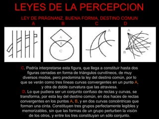 LEYES DE LA PERCEPCION LEY DE PRÄGNANZ, BUENA FORMA, DESTINO COMUN A  B  C  D C . Podría interpretarse esta figura, que llega a constituir hasta dos figuras cerradas en forma de triángulos curvilíneos, de muy diversos modos, pero predomina la ley del destino común, por lo que se verán como tres líneas curvas convergentes en un punto  A , y otra de doble curvatura que las atraviesa. D . Lo que pudiera ser un conjunto confuso de rectas y curvas, se transforma, por esta ley del destino común, en dos haces de rectas convergentes en los puntos  A ,  B , y en dos curvas concéntricas que forman una cinta. Constituyen tres grupos perfectamente legibles y memorizables, sin que las formas de un grupo perturben la visión de los otros, y entre los tres constituyan un sólo conjunto. 