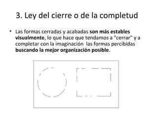 3. Ley del cierre o de la completud
• Las formas cerradas y acabadas son más estables
visualmente, lo que hace que tendamos a "cerrar" y a
completar con la imaginación las formas percibidas
buscando la mejor organización posible.
 