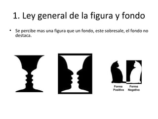 1. Ley general de la figura y fondo
• Se percibe mas una figura que un fondo, este sobresale, el fondo no
destaca.
 
