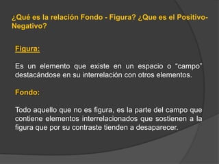 ¿Qué es la relación Fondo - Figura? ¿Que es el Positivo-
Negativo?


Figura:

Es un elemento que existe en un espacio o “campo”
destacándose en su interrelación con otros elementos.

Fondo:

Todo aquello que no es figura, es la parte del campo que
contiene elementos interrelacionados que sostienen a la
figura que por su contraste tienden a desaparecer.
 