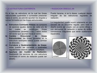  LA ESTRUCTURA CENTRÍPETA                           RADIACION IRREGULAR

Es el tipo de estructura, en la cual las líneas     Puede hacerse, si se lo desea, cualquier desvió
estructurales quebradas o curveadas presionan       irregular de las estructuras regulares de
hacia el centro, es adonde apuntan los ángulos y    radiación.
curvas formados por las líneas estructurales.
                                                    La irregularidad puede ocurrir solamente en una
a) Estructura Centrípeta Básica: se compone         sección de un esquema regular, pero todo el
   de sectores iguales dentro de cada uno de        diseño puede ser creado con un centro difuso y
   los    cuales     se    construyen      líneas   con elementos de radiación o series de anillos
   equidistantes paralelas a los 2 lados rectos     concéntricos irregulares que serán sueltamente
   del sector que apuntan hacia el centro.          esparcidos.
b) Cambio        Direccional      de      líneas
   Estructurales: las líneas paralelas en la
   estructura centrípeta básica puede cambiar
   de dirección.
c) Curvatura y Quebrantamiento de líneas:
   estas pueden ser curvadas o quebradas
   regularmente creando cambios complejos.
d) Apertura del Centro de Radiación:
   Deslizando los sectores de una estructura
   centrípeta el centro de radiación puede ser
   abierto.
 