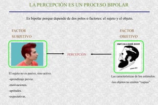 LA PERCEPCIÓN ES UN PROCESO BIPOLAR
Es bipolar porque depende de dos polos o factores: el sujeto y el objeto.
FACTOR
SUBJETIVO
FACTOR
OBJETIVO
El sujeto no es pasivo, sino activo.
-aprendizaje previo.
-motivaciones.
-aptitudes.
-expectativas.
Las características de los estímulos.
-los objetos no emiten “copias”
PERCEPCIÓN
 