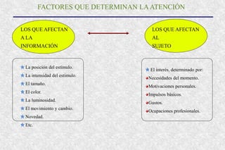 FACTORES QUE DETERMINAN LAATENCIÓN
LOS QUE AFECTAN
A LA
INFORMACIÓN
LOS QUE AFECTAN
AL
SUJETO
La posición del estímulo.
La intensidad del estímulo.
El tamaño.
El color.
La luminosidad.
El movimiento y cambio.
Novedad.
Etc.
El interés, determinado por:
Necesidades del momento.
Motivaciones personales.
Impulsos básicos.
Gustos.
Ocupaciones profesionales.
 