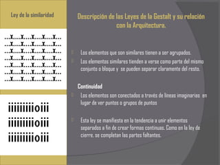 Ley de la similaridad       Descripción de las Leyes de la Gestalt y su relación
                                           con la Arquitectura.


                            Los elementos que son similares tienen a ser agrupados.
                            Los elementos similares tienden a verse como parte del mismo
                             conjunto o bloque y se pueden separar claramente del resto.

                          Continuidad
                          Los elementos son conectados a través de líneas imaginarias en
                           lugar de ver puntos o grupos de puntos

                            Esta ley se manifiesta en la tendencia a unir elementos
                             separados a fin de crear formas continuas. Como en la ley de
                             cierre, se completan las partes faltantes.
 