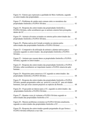 12
Figura 16 - Fatores que expressam a qualidade do Meio Ambiente, segundo
os entrevistados das propriedades ........................................................................ 61
Figura 17 - Problemas de saúdes mais comuns entre os moradores das
propriedades limítrofes a FLONA Silvânia .......................................................... 61
Figura 18 - Resposta dos entrevistados das propriedades limítrofes a
FLONA Silvânia, sobre acreditarem que os animais estarem bem protegidos
dentro da UC ........................................................................................................ 63
Figura 19 - Animais silvestres avistados no entorno pelos entrevistados das
propriedades limítrofes a FLONA Silvânia........................................................... 63
Figura 20 - Plantas nativas do Cerrado avistados no entorno pelos
entrevistados das propriedades limítrofes a FLONA Silvânia ............................. 65
Figura 21 - Comparativo da utilização de animais e plantas nativas para o
consumo segundo os entrevistados das propriedades limítrofes a FLONA
Silvânia ................................................................................................................. 66
Figura 22 - Animais que causam danos as propriedades limítrofes a FLONA
Silvânia, segundo os entrevistados ....................................................................... 67
Figura 23 - Resposta dos entrevistados das propriedades limítrofes a FLONA
Silvânia, sobre acreditarem ser importante manter a FLONA intacta da ação
humana ................................................................................................................. 67
Figura 24 - Requisitos para conservar a UC segundo os entrevistados das
propriedades limítrofes a FLONA Silvânia ......................................................... 68
Figura 25 - Resposta dos entrevistados das propriedades limítrofes a FLONA
Silvânia, quando perguntados sobre ser possível o uso da UC para atividades
humanas, sem que essas causem prejuízos as espécies da floresta ...................... 68
Figura 26 - O que pode ser danoso para a UC, segundo os entrevistados das
propriedades limítrofes a FLONA Silvânia ......................................................... 69
Figura 27 - Quantas vezes já visitaram a FLONA Silvânia segundo os
entrevistados das propriedades limítrofes a UC ................................................... 70
Figura 28 - Maiores problemas existentes na FLONA Silvânia atualmente,
segundo os entrevistados das propriedades limítrofes a UC ............................... 71
Figura 29 - Resposta dos entrevistados quando perguntados de que forma a
FLONA Silvânia influencia a sua vida ................................................................ 73
 