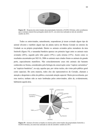 63
Figura 18 Resposta dos entrevistados das propriedades limítrofes a FLONA Silvânia, sobre acreditarem
que os animais estarem bem protegidos dentro da UC, em entrevista realizada no mês de setembro/
outubro de 2011.
Todos os entrevistados, naturalmente, responderam já terem avistado algum tipo de
animal silvestre e também algum tipo de planta nativa do Bioma Cerrado no entorno da
Unidade ou na própria propriedade. Dentre os animais avistados pelos moradores da área
limítrofe (figura 19), o tamanduá bandeira aparece em primeiro lugar entre os animais mais
avistados (26%), seguido pelo lobo guará (19%) e pela siriema (15%). Assim como os
resultados encontrados por SILVA, 2006 os animais mais citados foram os animais de grande
porte, especialmente mamíferos. Não coincidentemente esses três animais são bastante
como especiais. De certa maneira, todos eles são representativos do Cerrado, chamam a
atenção e despertam o afeto do público, exercendo atração especial. Muito provavelmente, por
esse motivo, tenham sido as mais lembradas pelos entrevistados, além de, evidentemente,
habitarem aquela área.
Figura 19 - Animais silvestres avistados no entorno pelos entrevistados das propriedades limítrofes a
FLONA Silvânia, em entrevista realizada no mês de setembro/ outubro de 2011.
 