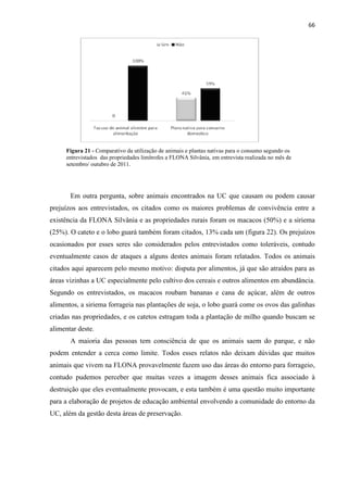 66
Figura 21 - Comparativo da utilização de animais e plantas nativas para o consumo segundo os
entrevistados das propriedades limítrofes a FLONA Silvânia, em entrevista realizada no mês de
setembro/ outubro de 2011.
Em outra pergunta, sobre animais encontrados na UC que causam ou podem causar
prejuízos aos entrevistados, os citados como os maiores problemas de convivência entre a
existência da FLONA Silvânia e as propriedades rurais foram os macacos (50%) e a siriema
(25%). O cateto e o lobo guará também foram citados, 13% cada um (figura 22). Os prejuízos
ocasionados por esses seres são considerados pelos entrevistados como toleráveis, contudo
eventualmente casos de ataques a alguns destes animais foram relatados. Todos os animais
citados aqui aparecem pelo mesmo motivo: disputa por alimentos, já que são atraídos para as
áreas vizinhas a UC especialmente pelo cultivo dos cereais e outros alimentos em abundância.
Segundo os entrevistados, os macacos roubam bananas e cana de açúcar, além de outros
alimentos, a siriema forrageia nas plantações de soja, o lobo guará come os ovos das galinhas
criadas nas propriedades, e os catetos estragam toda a plantação de milho quando buscam se
alimentar deste.
A maioria das pessoas tem consciência de que os animais saem do parque, e não
podem entender a cerca como limite. Todos esses relatos não deixam dúvidas que muitos
animais que vivem na FLONA provavelmente fazem uso das áreas do entorno para forrageio,
contudo pudemos perceber que muitas vezes a imagem desses animais fica associado à
destruição que eles eventualmente provocam, e esta também é uma questão muito importante
para a elaboração de projetos de educação ambiental envolvendo a comunidade do entorno da
UC, além da gestão desta áreas de preservação.
 