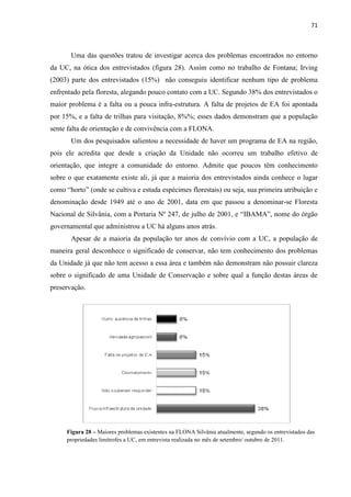 71
Uma das questões tratou de investigar acerca dos problemas encontrados no entorno
da UC, na ótica dos entrevistados (figura 28). Assim como no trabalho de Fontana; Irving
(2003) parte dos entrevistados (15%) não conseguiu identificar nenhum tipo de problema
enfrentado pela floresta, alegando pouco contato com a UC. Segundo 38% dos entrevistados o
maior problema é a falta ou a pouca infra-estrutura. A falta de projetos de EA foi apontada
por 15%, e a falta de trilhas para visitação, 8%%; esses dados demonstram que a população
sente falta de orientação e de convivência com a FLONA.
Um dos pesquisados salientou a necessidade de haver um programa de EA na região,
pois ele acredita que desde a criação da Unidade não ocorreu um trabalho efetivo de
orientação, que integre a comunidade do entorno. Admite que poucos têm conhecimento
sobre o que exatamente existe ali, já que a maioria dos entrevistados ainda conhece o lugar
(onde se cultiva e estuda espécimes florestais) ou seja, sua primeira atribuição e
denominação desde 1949 até o ano de 2001, data em que passou a denominar-se Floresta
Nacional de Silvânia, com a Portaria Nº 247, de julho de 2001, e , nome do órgão
governamental que administrou a UC há alguns anos atrás.
Apesar de a maioria da população ter anos de convívio com a UC, a população de
maneira geral desconhece o significado de conservar, não tem conhecimento dos problemas
da Unidade já que não tem acesso a essa área e também não demonstram não possuir clareza
sobre o significado de uma Unidade de Conservação e sobre qual a função destas áreas de
preservação.
Figura 28 Maiores problemas existentes na FLONA Silvânia atualmente, segundo os entrevistados das
propriedades limítrofes a UC, em entrevista realizada no mês de setembro/ outubro de 2011.
 