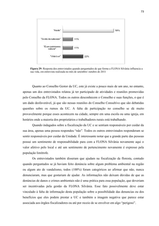 73
Figura 29- Resposta dos entrevistados quando perguntados de que forma a FLONA Silvânia influencia a
sua vida, em entrevista realizada no mês de setembro/ outubro de 2011
Quanto ao Conselho Gestor da UC, este já existe a pouco mais de um ano, no entanto,
apenas um dos entrevistados relatou já ter participado de atividades e reuniões promovidas
pelo Conselho da FLONA. Todos os outros desconhecem o Conselho e suas funções, o que é
um dado desfavorável, já que são nessas reuniões do Conselho Consultivo que são debatidas
questões sobre os rumos da UC. A falta de participação no conselho se dá muito
provavelmente porque esses acontecem na cidade, sempre em uma escola ou uma igreja, em
horários onde a maioria dos proprietários e trabalhadores rurais está trabalhando.
Quando indagados sobre a fiscalização da UC e se sentiam responsáveis por cuidar da
sua área, apenas uma pessoa respondeu não . Todos os outros entrevistados responderam se
sentir responsáveis por cuidar da Unidade. É interessante notar que a grande parte das pessoas
possui um sentimento de responsabilidade para com a FLONA Silvânia novamente aqui o
valor afetivo pelo local e até um sentimento de pertencimento novamente é expresso pela
população limítrofe.
Os entrevistados também disseram que ajudam na fiscalização da floresta, contudo
quando perguntados se já haviam feito denúncia sobre algum problema ambiental na região
ou algum ato de vandalismo, todos (100%) foram categóricos ao afirmar que não, nunca
denunciaram, mas que gostariam de ajudar. As informações não deixam dúvidas de que as
denúncias de danos e crimes ambientais não é uma prática para essa população, que deveriam
ser incentivadas pela gestão da FLONA Silvânia. Esse fato possivelmente deve estar
vinculado à falta de informação desta população sobre a possibilidade das denuncias ou dos
benefícios que eles podem prestar a UC e também a imagem negativa que parece estar
associada aos órgãos fiscalizadores ou até por
 