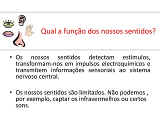Qual a função dos nossos sentidos?
• Os nossos sentidos detectam estímulos,
transformam-nos em impulsos electroquímicos e
transmitem informações sensoriais ao sistema
nervoso central.
• Os nossos sentidos são limitados. Não podemos ,
por exemplo, captar os infravermelhos ou certos
sons.
 