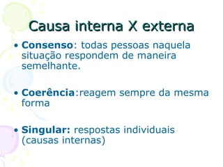 Causa interna X externa
Causa interna X externa
• Consenso: todas pessoas naquela
situação respondem de maneira
semelhante.
• Coerência:reagem sempre da mesma
forma
• Singular: respostas individuais
(causas internas)
 