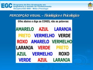 DISCIPLINA EGC 8008 – Midia e Psicologia PERCEPÇÃO VISUAL –  Fisiológico e Psicológico Edemir Costa Disciplina EGC 8008 – Mídia e Psicologia 