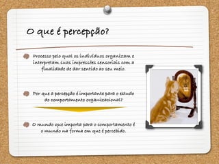O que é percepção?
Processo pelo qual os indivíduos organizam e
interpretam suas impressões sensoriais com a
finalidade de dar sentido ao seu meio.
Por que a percepção é importante para o estudo
do comportamento organizacional?
O mundo que importa para o comportamento é
o mundo na forma em que é percebido.
 