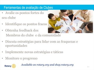 2014 
Ferramentas de avaliação de Clubes 
• Avalie os pontos fortes do 
seu clube 
• Identifique os pontos fracos 
• Obtenha feedback dos 
Membros do clube e da comunidade 
• Discuta estratégias para lidar com as fraquezas e 
oportunidades 
• Implemente novas estratégias e táticas 
• Monitore o progresso 
Available on rotary.org and shop.rotary.org 
 