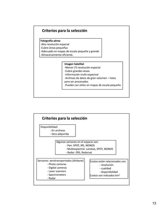 Criterios para la selección

  Fotografía aérea
  ‐Alta resolución espacial
  ‐Cubre áreas pequeñas
  ‐Adecuado en mapas de escala pequeña y grande
  ‐Almacenamiento eficiente.


                     Imagen Satelital
                     ‐Menor (?) resolución espacial
                     ‐Cubre grandes áreas
                     ‐I f
                      Información multi‐
                      Información multi‐espectral
                               ió     li         l
                     ‐Archivos de datos de gran volumen – listos 
                      Archivos de datos de gran volumen –
                     para ser procesados
                     ‐Pueden ser útiles en mapas de escala pequeña




   Criterios para la selección
  Disponibilidad
         ‐ En archivos
         ‐ Sera adquirida

               Algunos sensores en el espacio son:
                      ‐ Pan: SPOT, IRS, IKONOS
                      ‐ Multiespectral: Landsat, SPOT, IKONOS
                        Multiespectral: Landsat, SPOT, IKONOS
                      ‐ Radar: ERS, Radarsat
                        Radar: ERS, Radarsat

Sensores: aerotransportados (Airbone)
Sensores: aerotransportados (
Sensores: aerotransportados (Airbone)
                            (Airbone      Costos están relacionados con.
                                          Costos están relacionados con
       ‐ Photo cameras                            ‐ resolución
       ‐ Digital cameras                          ‐ cualidad
       ‐ Laser scanners
         Laser scanners                           ‐ disponibilidad
       ‐ Spectrometers                    Costos son indicados km2
       ‐ Radar




                                                                           13
 