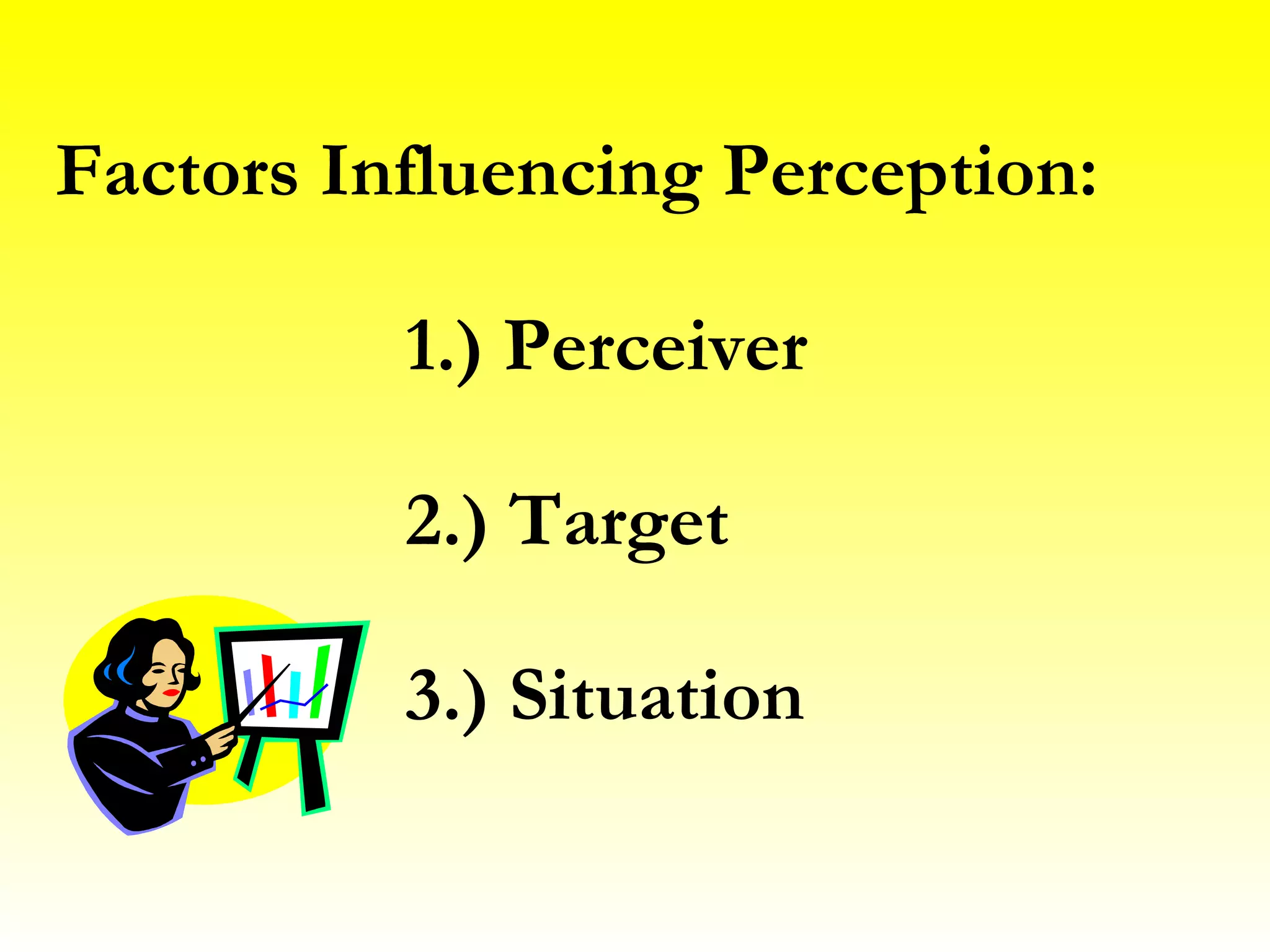 Factors Influencing Perception: 1.) Perceiver 2.) Target 3.) Situation