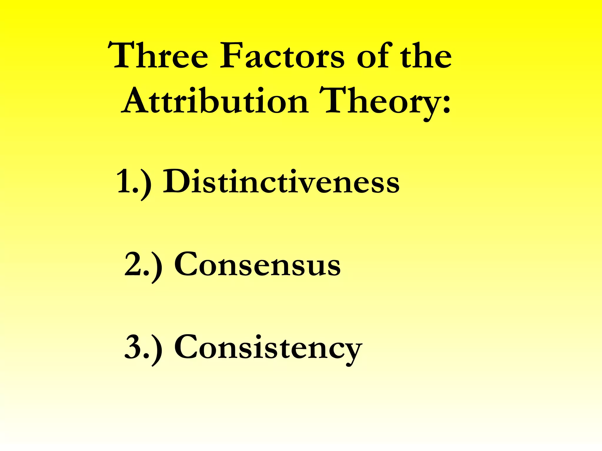 Three Factors of the Attribution Theory: 1.) Distinctiveness 2.) Consensus 3.) Consistency