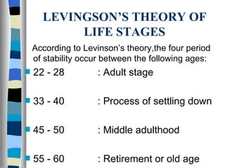 LEVINGSON’S THEORY OF LIFE STAGES According to Levinson’s theory,the four period of stability occur between the following ages: 22 - 28  : Adult stage 33 - 40  : Process of settling down 45 - 50  : Middle adulthood 55 - 60  : Retirement or old age  