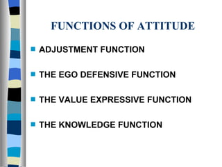 FUNCTIONS OF ATTITUDE ADJUSTMENT FUNCTION THE EGO DEFENSIVE FUNCTION THE VALUE EXPRESSIVE FUNCTION THE KNOWLEDGE FUNCTION 