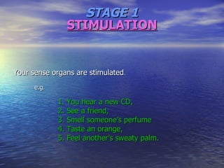 STIMULATION Your sense organs are stimulated . e.g . 1. You hear a new CD, 2. See a friend, 3. Smell someone’s perfume 4. Taste an orange, 5. Feel another’s sweaty palm. STAGE 1 