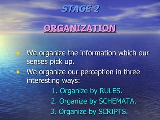 ORGANIZATION We organize the information which our senses pick up. We organize our perception in three interesting ways: 1. Organize by RULES. 2. Organize by SCHEMATA. 3. Organize by SCRIPTS. STAGE 2 