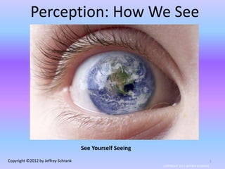 Perception: How We See




                                     See Yourself Seeing
Copyright ©2012 by Jeffrey Schrank                                                          1
                                                           COPYRIGHT 2011 JEFFREY SCHRANK
 