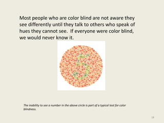 Most people who are color blind are not aware they
see differently until they talk to others who speak of
hues they cannot...