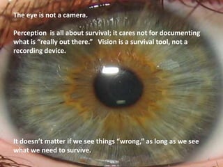 The eye is not a camera.

Perception is all about survival; it cares not for documenting
what is “really out there.” Visio...