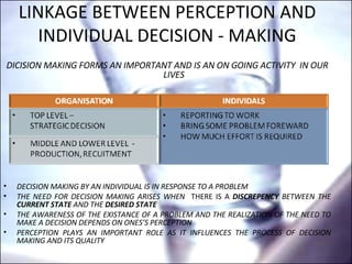 LINKAGE BETWEEN PERCEPTION AND INDIVIDUAL DECISION - MAKING DICISION MAKING FORMS AN IMPORTANT AND IS AN ON GOING ACTIVITY  IN OUR LIVES DECISION MAKING BY AN INDIVIDUAL IS IN RESPONSE TO A PROBLEM THE NEED FOR DECISION MAKING ARISES WHEN  THERE IS A  DISCREPENCY  BETWEEN THE  CURRENT STATE  AND THE  DESIRED STATE THE AWARENESS OF THE EXISTANCE OF A PROBLEM AND THE REALIZATION OF THE NEED TO MAKE A DECISION DEPENDS ON ONES’S PERCEPTION PERCEPTION PLAYS AN IMPORTANT ROLE AS IT INFLUENCES THE PROCESS OF DECISION MAKING AND ITS QUALITY 