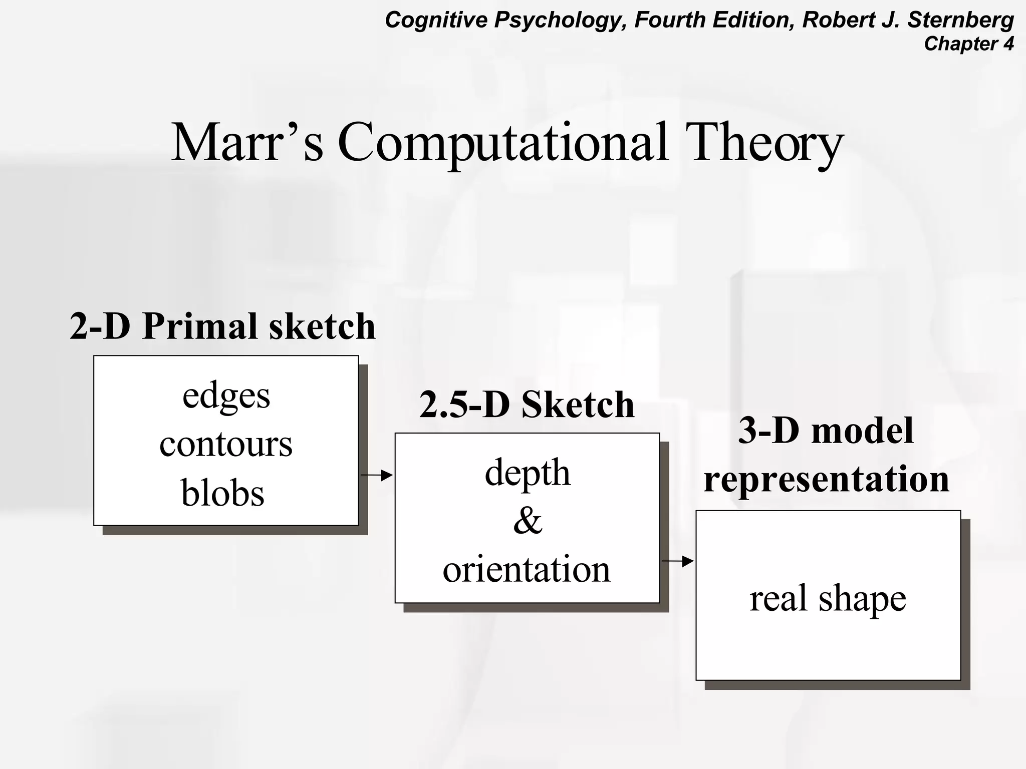 Marr’s Computational Theory   edges contours blobs edges contours blobs depth & orientation depth & orientation real shape real shape 2-D Primal sketch 2.5-D Sketch 3-D model representation 
