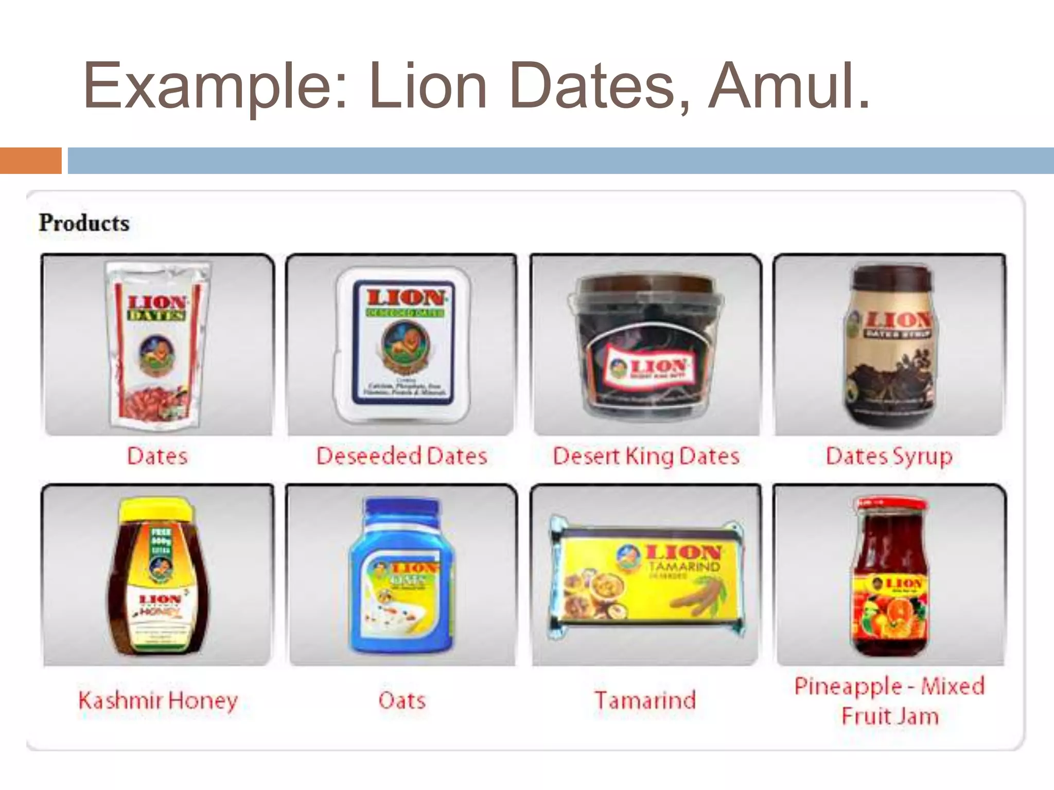 Example: Lion Dates, Amul.
 