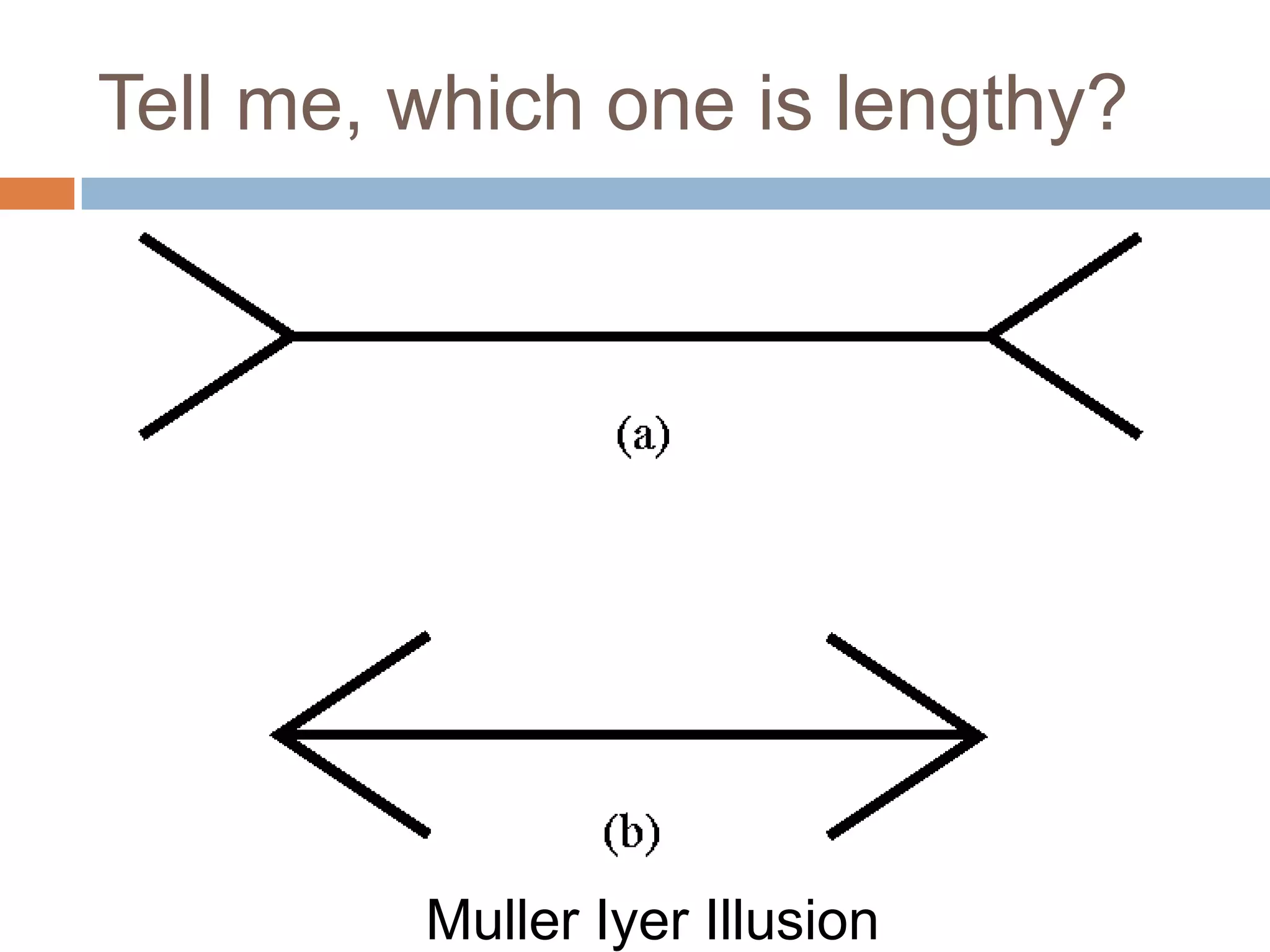 Tell me, which one is lengthy?




         Muller Iyer Illusion
 