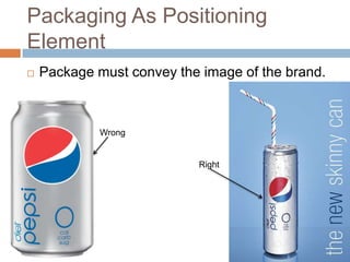Packaging As Positioning
Element
   Package must convey the image of the brand.



             Wrong


                           Right
 