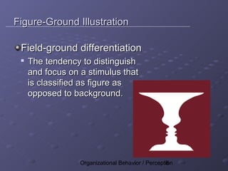 Figure-Ground Illustration

 Field-ground differentiation
    The tendency to distinguish
     and focus on a stimulus that
     is classified as figure as
     opposed to background.




                  Organizational Behavior / Perception
                                                   8
 
