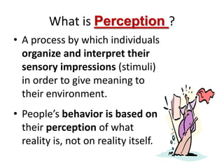 What is Perception ?
• A process by which individuals
  organize and interpret their
  sensory impressions (stimuli)
  in order to give meaning to
  their environment.
• People’s behavior is based on
  their perception of what
  reality is, not on reality itself.
 
