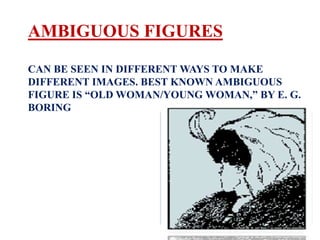 AMBIGUOUS FIGURES

CAN BE SEEN IN DIFFERENT WAYS TO MAKE
DIFFERENT IMAGES. BEST KNOWN AMBIGUOUS
FIGURE IS “OLD WOMAN/YOUNG WOMAN,” BY E. G.
BORING
 