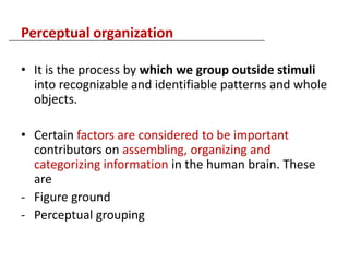 Perceptual organization

• It is the process by which we group outside stimuli
  into recognizable and identifiable patterns and whole
  objects.

• Certain factors are considered to be important
  contributors on assembling, organizing and
  categorizing information in the human brain. These
  are
- Figure ground
- Perceptual grouping
 
