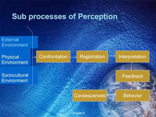 Sub processes of Perception External  Environment  Confrontation Consequences Behavior Feedback Interpretation Registration Sociocultural Environment Physical Environment 