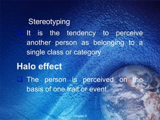 Stereotyping  It is the tendency to perceive another person as belonging to a single class or category Halo effect The person is perceived on the basis of one trait or event. 