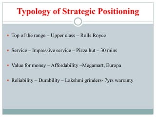 Typology of Strategic Positioning
 Top of the range – Upper class – Rolls Royce
 Service – Impressive service – Pizza hut – 30 mins
 Value for money – Affordability –Megamart, Europa
 Reliability – Durability – Lakshmi grinders- 7yrs warranty
 
