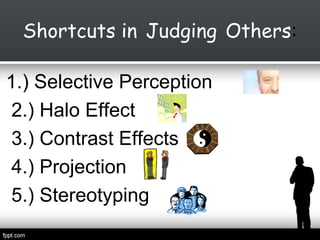 Shortcuts in Judging Others:
1.) Selective Perception
2.) Halo Effect
3.) Contrast Effects
4.) Projection
5.) Stereotyping

 