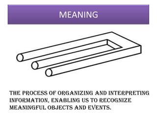 MEANING
The process of organizing and interpreting
information, enabling us to recognize
meaningful objects and events.
 