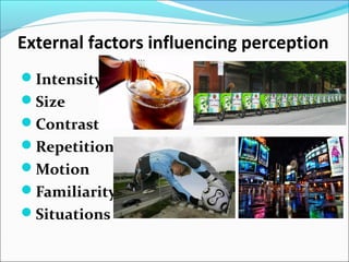 External factors influencing perception
Intensity
Size
Contrast
Repetition
Motion
Familiarity
Situations
 