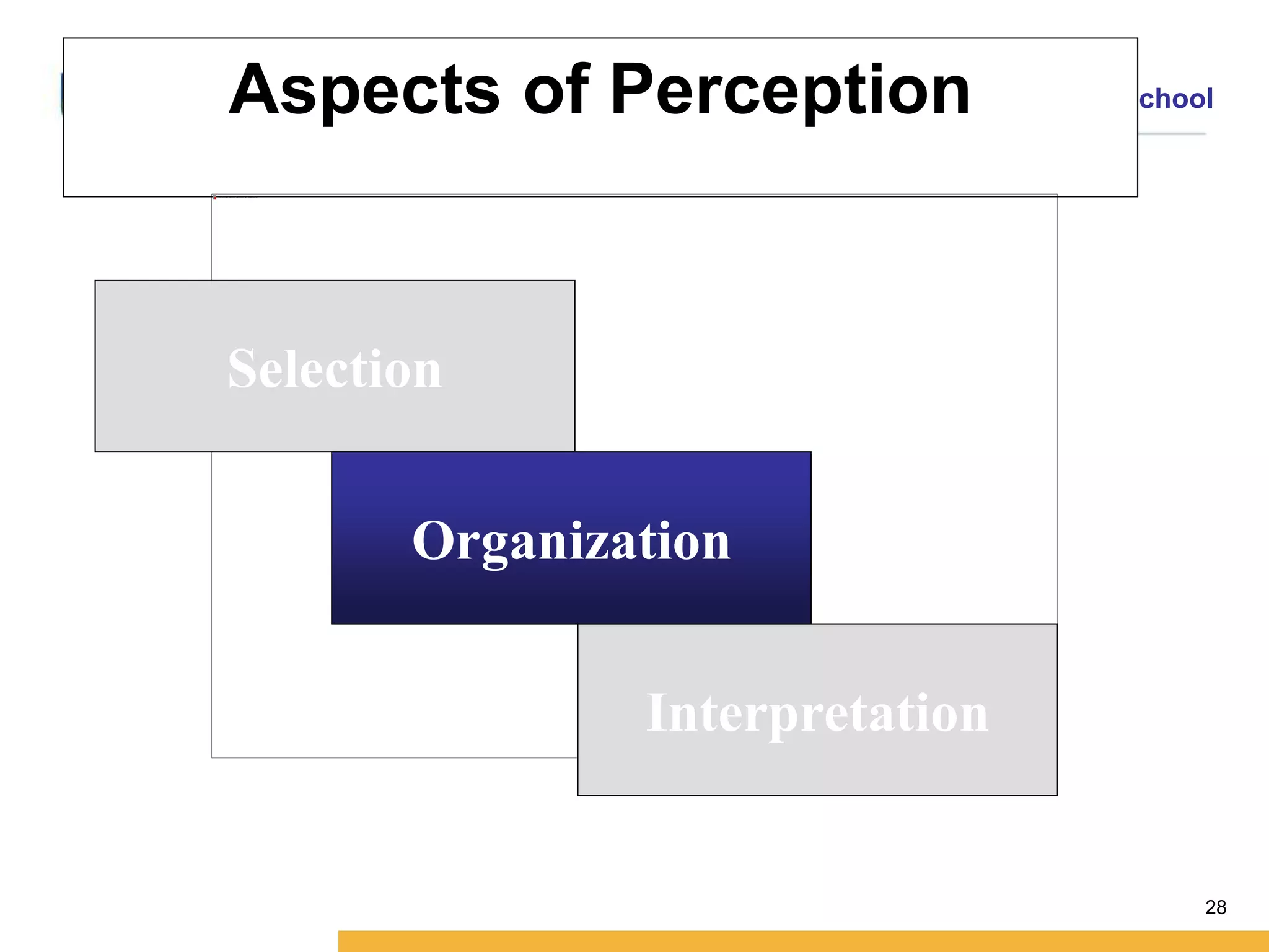 Amity International Business School 
28 
Aspects of Perception 
Selection 
Organization 
Interpretation 
 