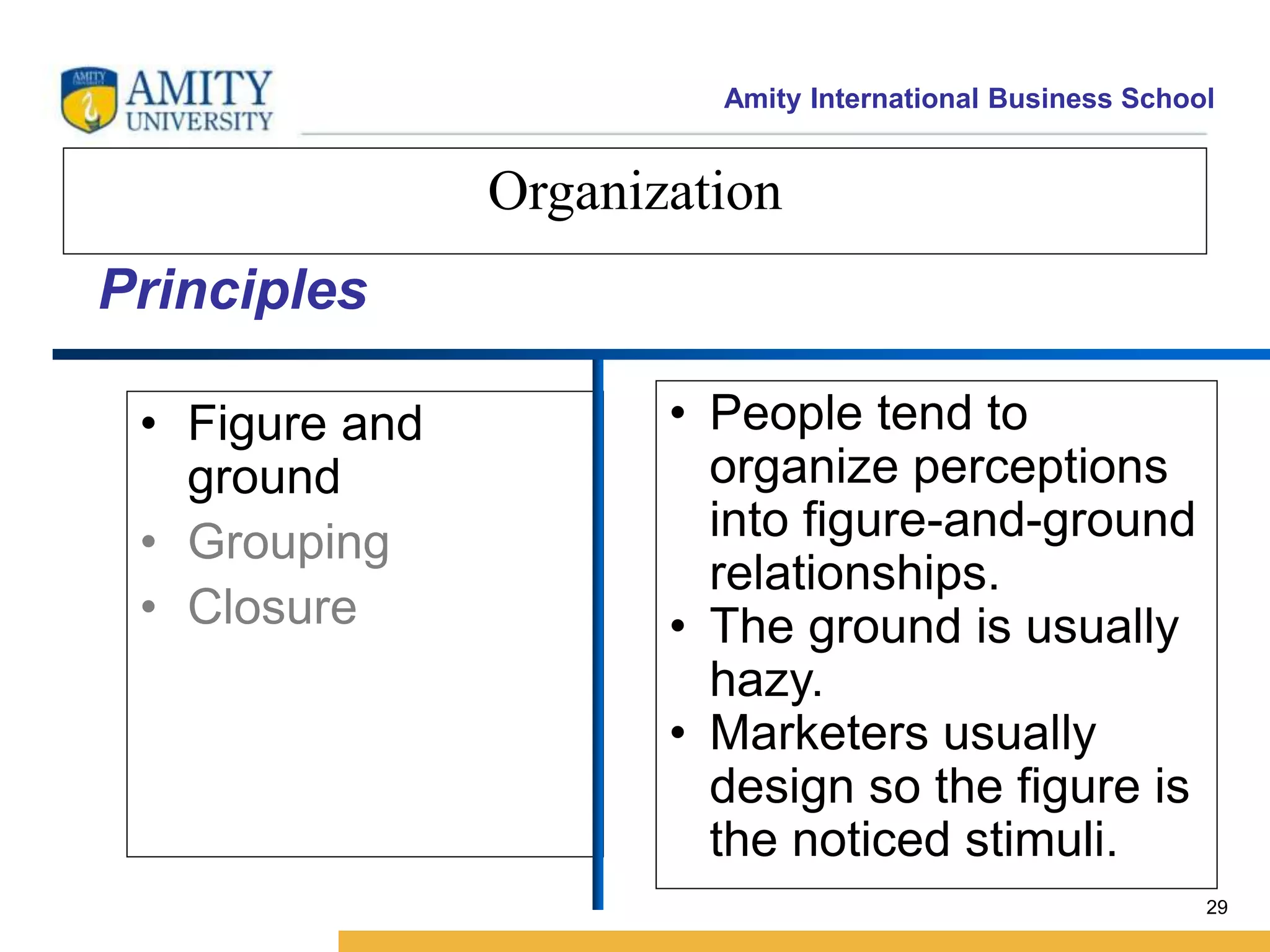 Amity International Business School 
29 
Organization 
• Figure and 
ground 
• Grouping 
• Closure 
• People tend to 
organize perceptions 
into figure-and-ground 
relationships. 
• The ground is usually 
hazy. 
• Marketers usually 
design so the figure is 
the noticed stimuli. 
Principles 
 