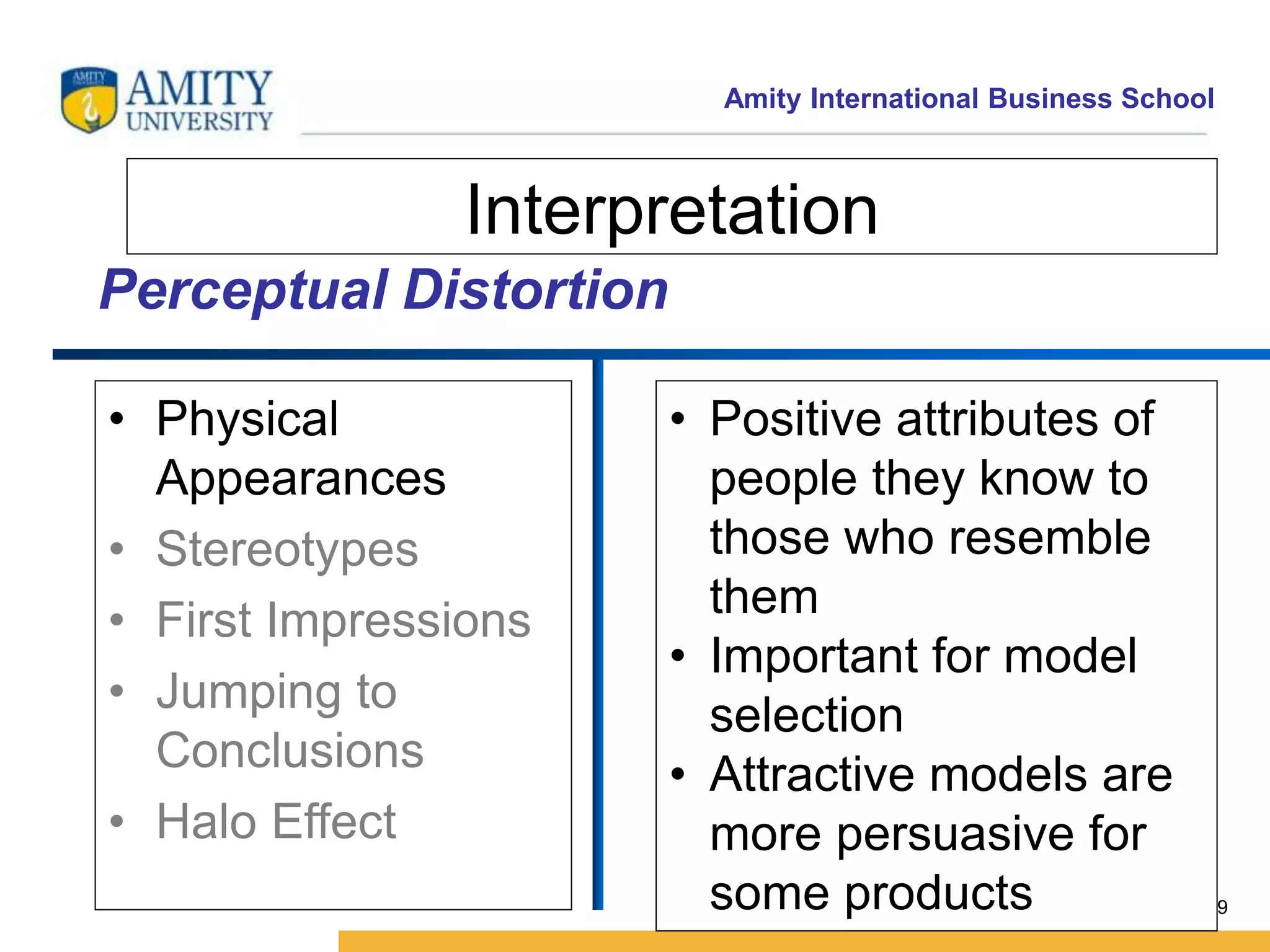 Amity International Business School 
39 
Interpretation 
• Physical 
Appearances 
• Stereotypes 
• First Impressions 
• Jumping to 
Conclusions 
• Halo Effect 
• Positive attributes of 
people they know to 
those who resemble 
them 
• Important for model 
selection 
• Attractive models are 
more persuasive for 
some products 
Perceptual Distortion 
 