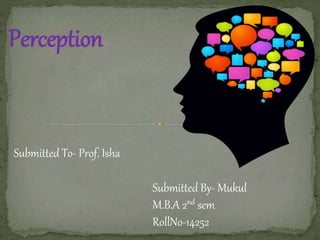 Perception
Submitted To- Prof. Isha
Submitted By- Mukul
M.B.A 2nd sem
RollNo-14252
 