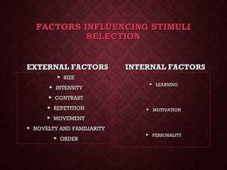 FACTORS INFLUENCING STIMULIFACTORS INFLUENCING STIMULI
SELECTIONSELECTION
EXTERNAL FACTORSEXTERNAL FACTORS
 SIZESIZE
 INTENSITYINTENSITY
 CONTRASTCONTRAST
 REPETITIONREPETITION
 MOVEMENTMOVEMENT
 NOVELTY AND FAMILIARITYNOVELTY AND FAMILIARITY
 ORDERORDER
INTERNAL FACTORSINTERNAL FACTORS
 LEARNINGLEARNING
 MOTIVATIONMOTIVATION
 PERSONALITYPERSONALITY
 