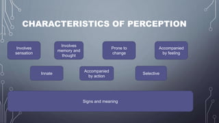 CHARACTERISTICS OF PERCEPTION
Involves
sensation
Involves
memory and
thought
Innate Selective
Prone to
change
Accompanied
by feeling
Accompanied
by action
Signs and meaning
 